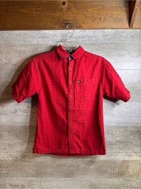 Tommy Hilfiger Red Plaid Button Down Shirt Mens Small/Slim M Short Sleeve Pocket
